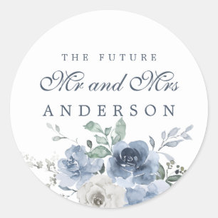 Future Mr Mrs Dark Blue Ivory Floral Winter Classic Round Sticker