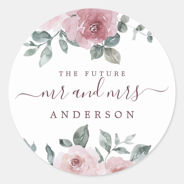 Future Mr Mrs Floral Dusty Pink Burgundy Classic Round Sticker (Front)
