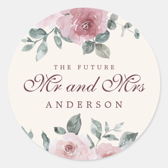 Future Mr Mrs Floral Dusty Pink Burgundy Ivory Classic Round Sticker (Front)