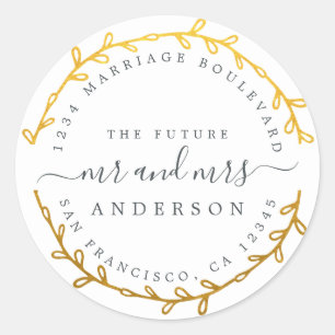 Future Mr Mrs Gold Wreath Wedding Return Address Classic Round Sticker