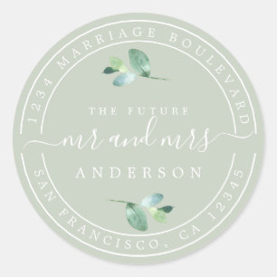 Future Mr Mrs Green Foliage Wedding Return Address Classic Round Sticker