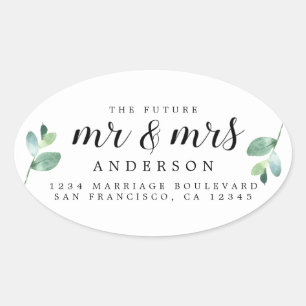 Future Mr Mrs Green Foliage Wedding Return Address Oval Sticker