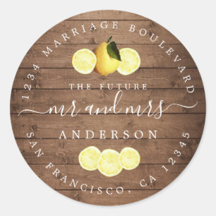 Future Mr Mrs Rustic Lemon Wood Return Address Classic Round Sticker