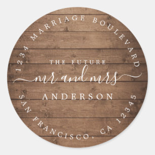 Future Mr Mrs Rustic Wood Wedding Return Address Classic Round Sticker
