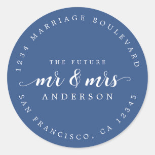 Future Mr Mrs Script Classic Blue Return Address Round Sticker