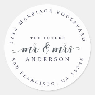 Future Mr Mrs Script Dark Blue Return Address Classic Round Sticker