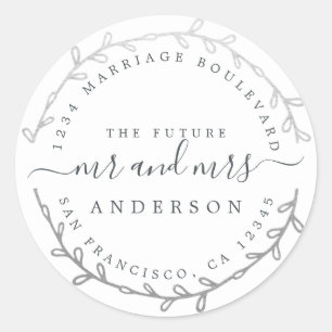 Future Mr Mrs Silver Wreath Wedding Return Address Classic Round Sticker