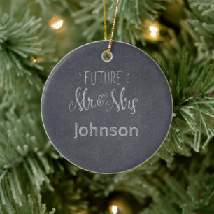 Future Mr & Mrs Surname Chalkboard with Date Ceramic Tree Decoration