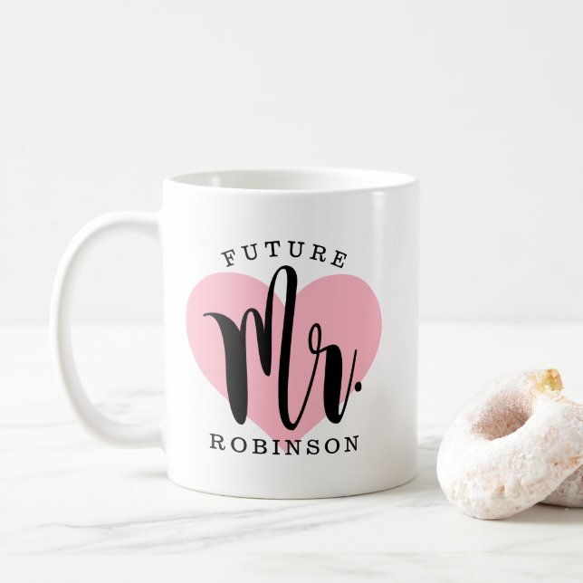Future Mr Pink Heart Monogram Wedding Coffee Mug (With Donut)