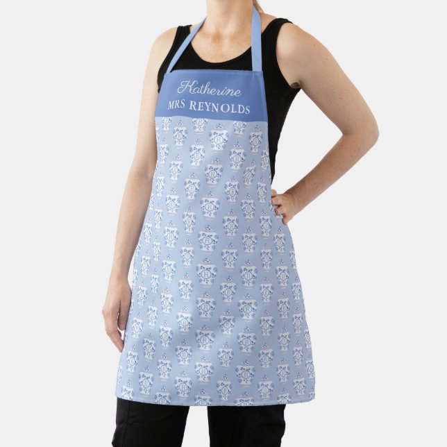 Future Mrs Blue And White Ginger Jar Monogram Apron (Insitu)