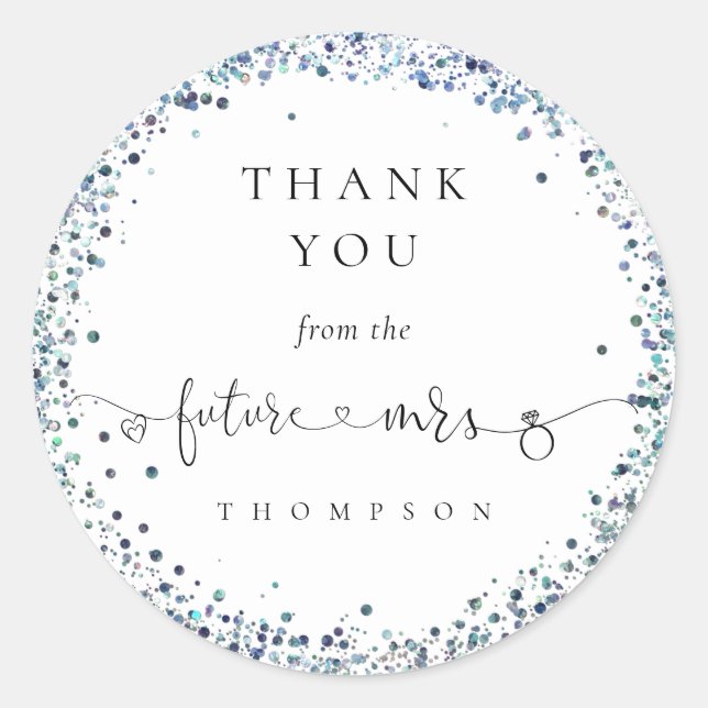 Future Mrs Blue Glitter Bridal Shower Thank You Classic Round Sticker (Front)