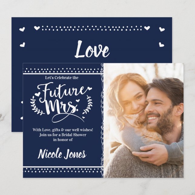 FUTURE MRS. Blue & White Bridal Shower Photo Invitation (Front/Back)