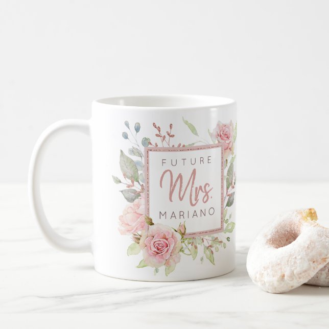 Future Mrs. Blush Pink Watercolor Roses | Heart Coffee Mug (With Donut)