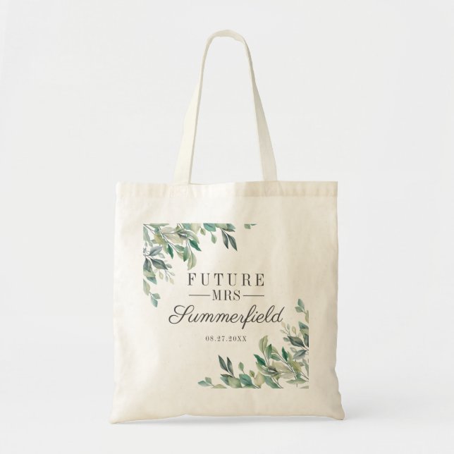 Future Mrs Bridal Shower Eucalyptus Script Tote Bag (Front)
