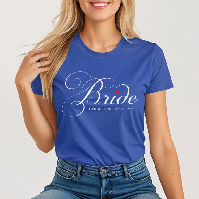 Future Mrs. Bride Blue Personalised Script Wedding T-Shirt (Creator Uploaded)