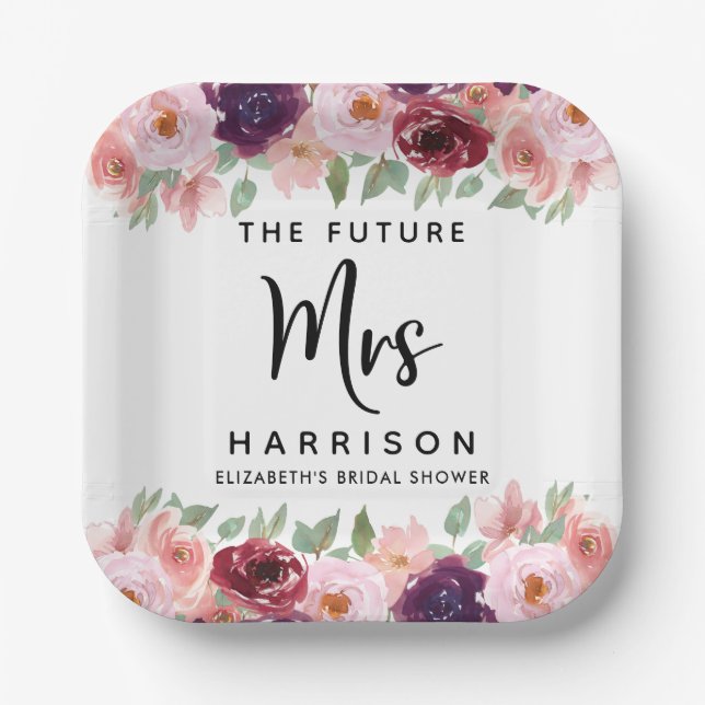 Future Mrs Burgundy Floral Bridal Shower Paper Plate (Front)