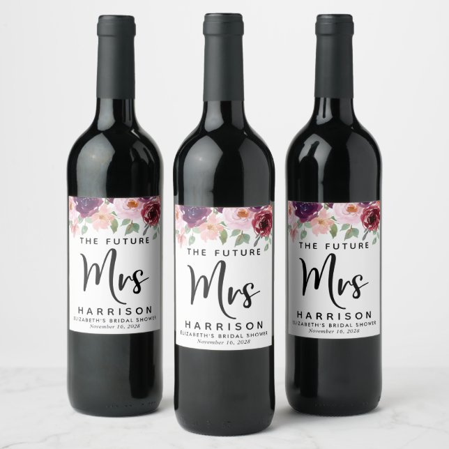Future Mrs Burgundy Floral Bridal Shower Wine Label (Bottles)