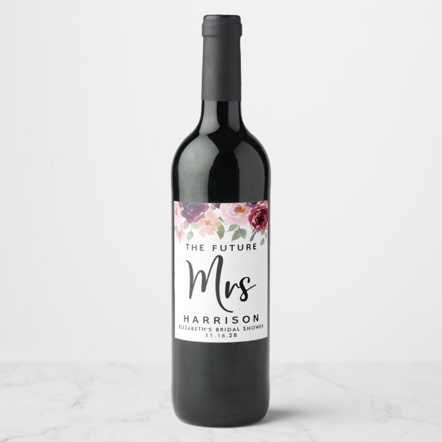 Future Mrs Burgundy Floral Custom Bridal Shower Wine Label (Front)