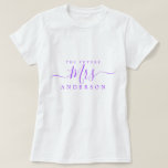 Future Mrs Chic Script Custom Name Bride to be T-Shirt<br><div class="desc">Future Mrs modern and stylish custom name t-shirt with the text Mrs in bright purple elegant script calligraphy. Simply add the married name of the bride to be and the perfect bridal shower gift is ready for you to give. Exclusively designed for you by Happy Dolphin Studio.</div>