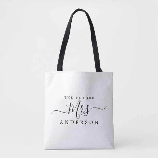 Future Mrs Chic Script Custom Name Bride To Be Tote Bag (Front)