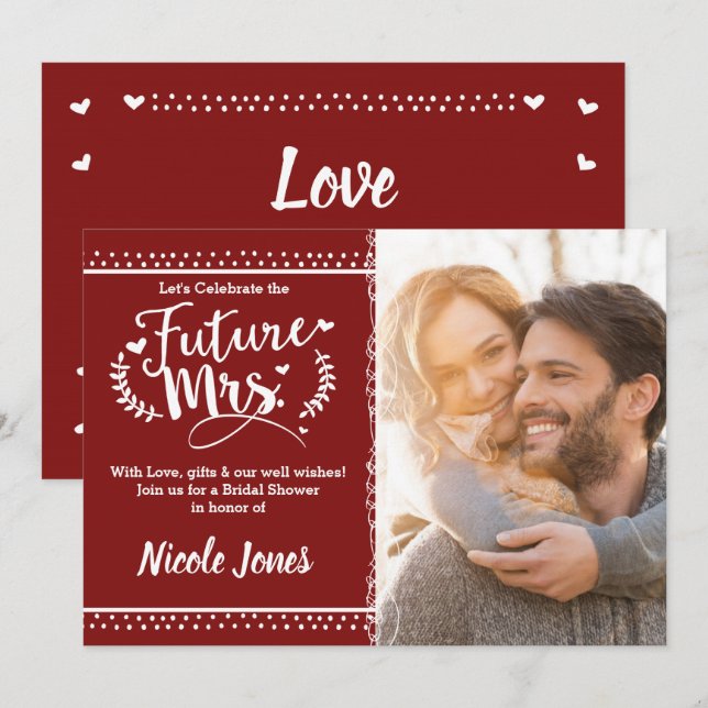 FUTURE MRS. Cranberry Red Bridal Shower Photo Invitation (Front/Back)