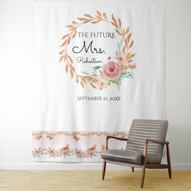 Future Mrs Gold Floral Backdrop Bridal Shower Tapestry (In Situ)