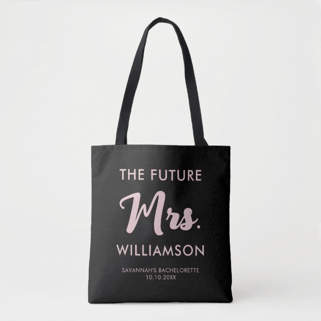 Future Mrs Last Name Bachelorette Party Pink Black Tote Bag (Front)