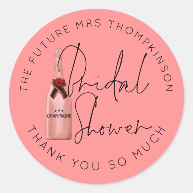 Future Mrs Name Champagne Coral Bridal Shower Classic Round Sticker (Front)