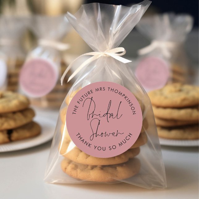 Future Mrs Name Dusty Rose Pink Bridal Shower Classic Round Sticker (For your bridal shower thank you favors!)