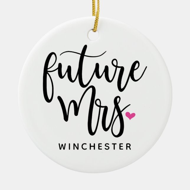 Future Mrs. (name) in Black Script Ceramic Tree Decoration (Front)