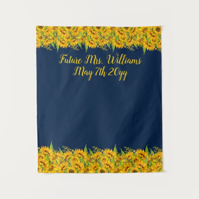 Future Mrs Navy & Sunflower Bridal Shower Backdrop Tapestry (Front)