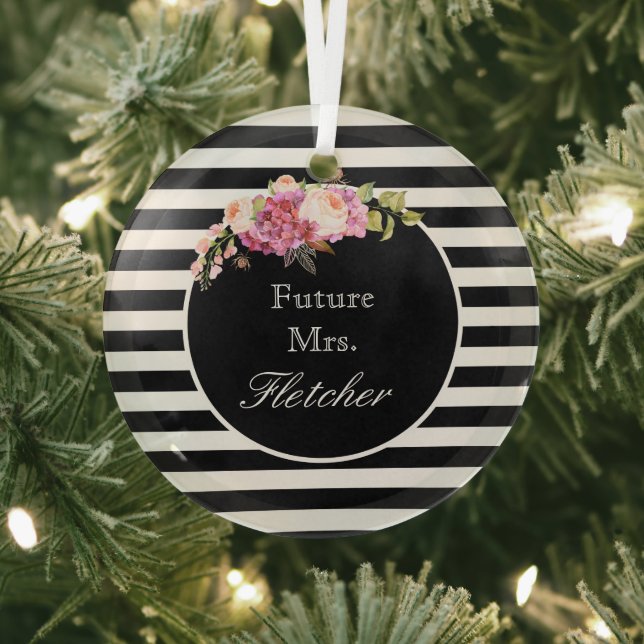 Future Mrs. Personalised Black & White Stripes  Glass Tree Decoration (Insitu)