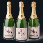 Future Mrs Personalised Blush Pink Bachelorette Sparkling Wine Label<br><div class="desc">Minimal modern "The Future Mrs" personalised blush pink sparkling wine labels for your bachelorette party,  bridal shower,  bridal brunch,  etc. "Mrs" is written in a large elegant script,  and you can personalise with your event type,  future married name,  first name and party date.</div>