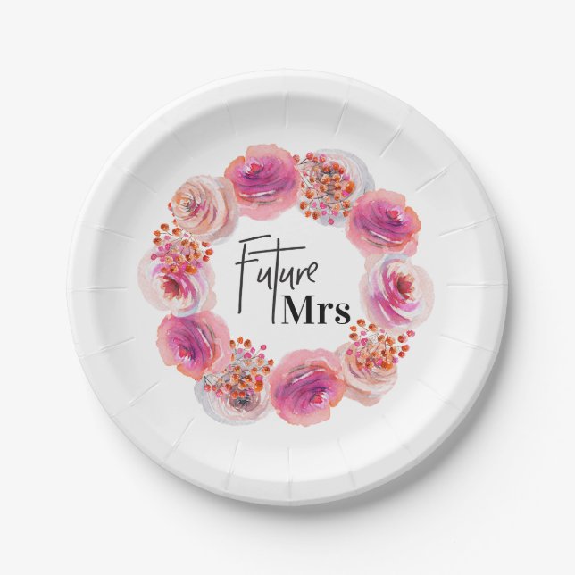 Future Mrs Pink Floral Bachelorette Bridal Shower Paper Plate (Front)