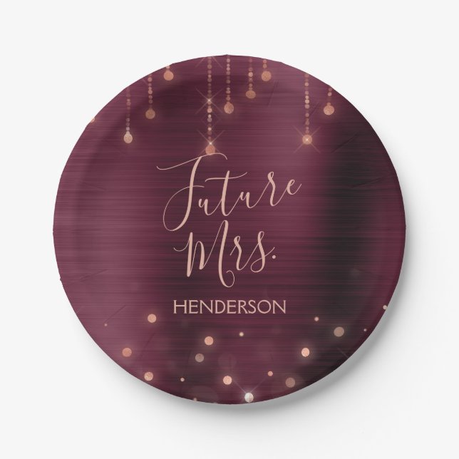 Future Mrs. Rose Gold Burgundy Sparkle Foil Paper Plate (Front)