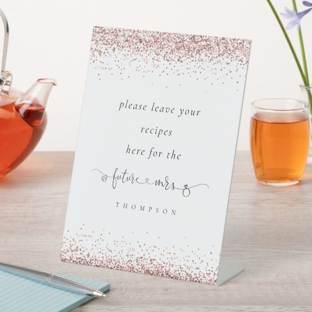 Future Mrs Rose Gold Glitter Bridal Shower Recipes Pedestal Sign (In SItu)