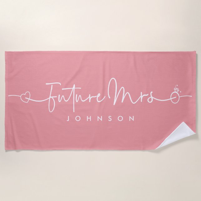 Future Mrs Script Heart Ring Custom Wedding Pink  Beach Towel (Front)