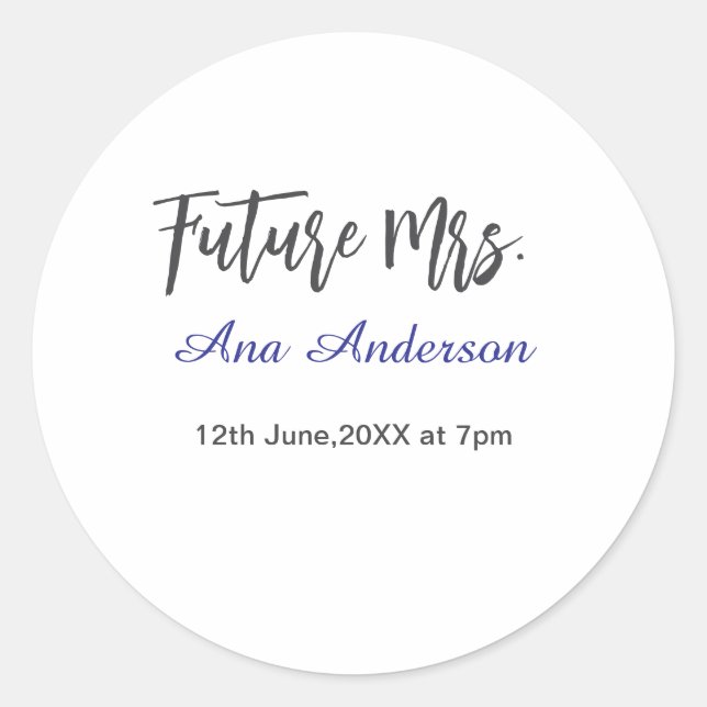 Future mrs surname bride to be purple gray name da classic round sticker (Front)