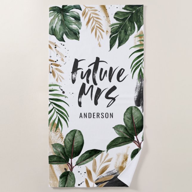 Future Mrs tropical leaf & typography beach towel (Front)