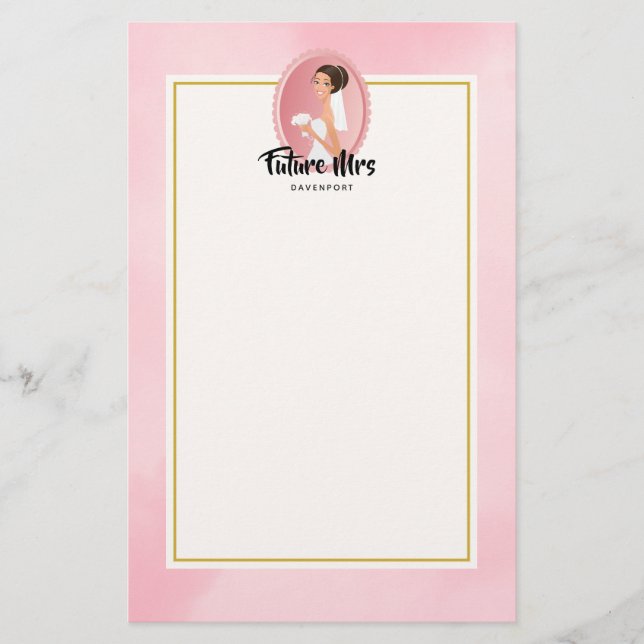 Future Mrs with Bride in Wedding Gown Stationery (Front)