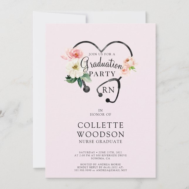 Future Nurse Graduation Floral Stethoscope Pink Invitation (Front)