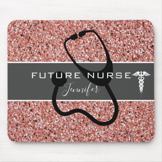 Future Nurse Medical Stethoscope Pink Glitter Name Mouse Mat (Front)