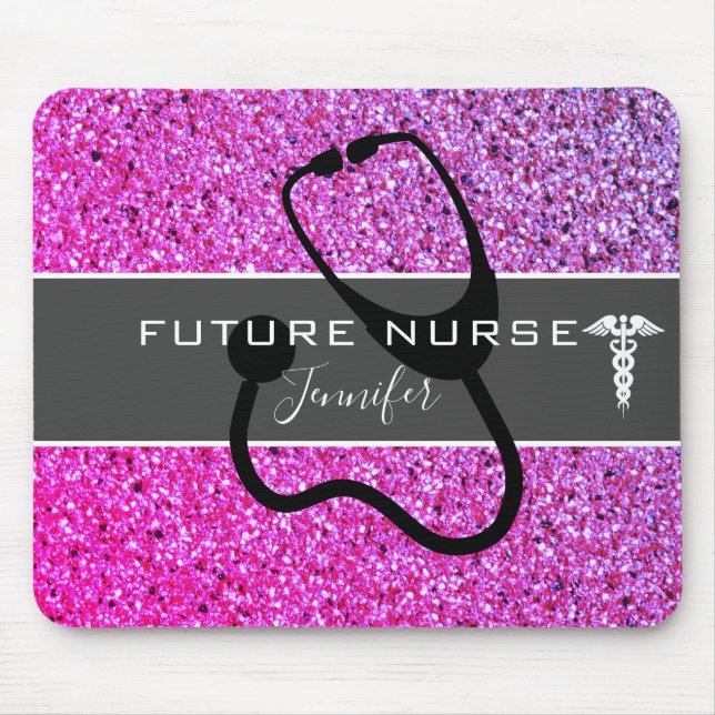 Future Nurse Stethoscope Pink Purple Glitter Name Mouse Mat (Front)