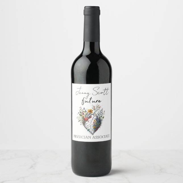 Future Physician Associate Heart Drawing Flowers Wine Label (Front)