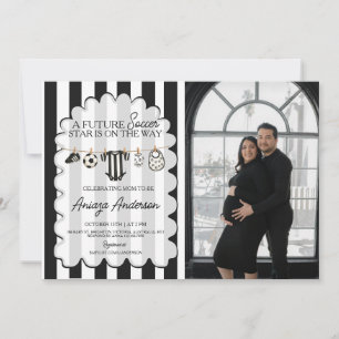 Future Soccer Star Black White Striped Baby Shower Invitation