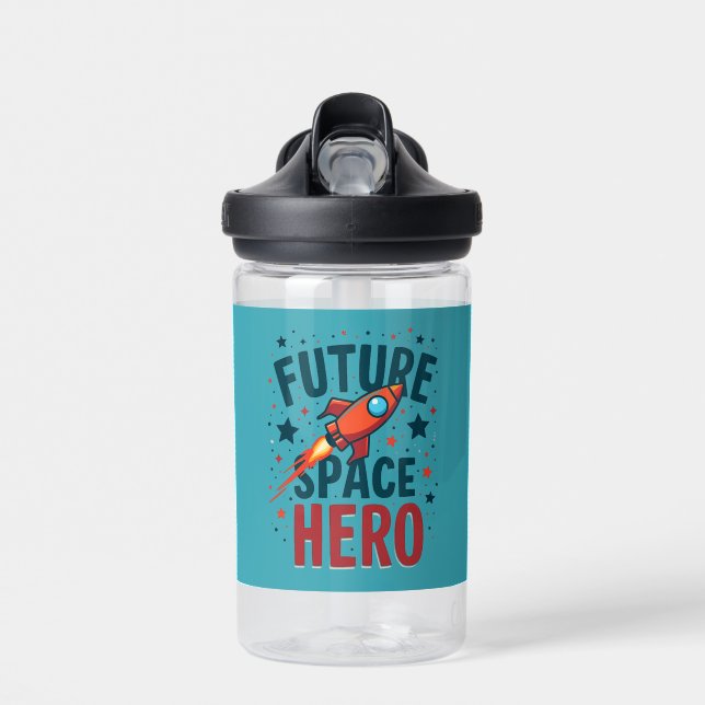 Future Space Hero Retro Rocket Ship Design Water Bottle (Front)