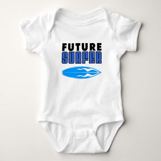 Future Surfer Blue Surf Board Baby Bodysuit (Front)