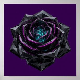 Futuristic 3D Crystal Black Rose Neon Cyberpunk Ar Poster