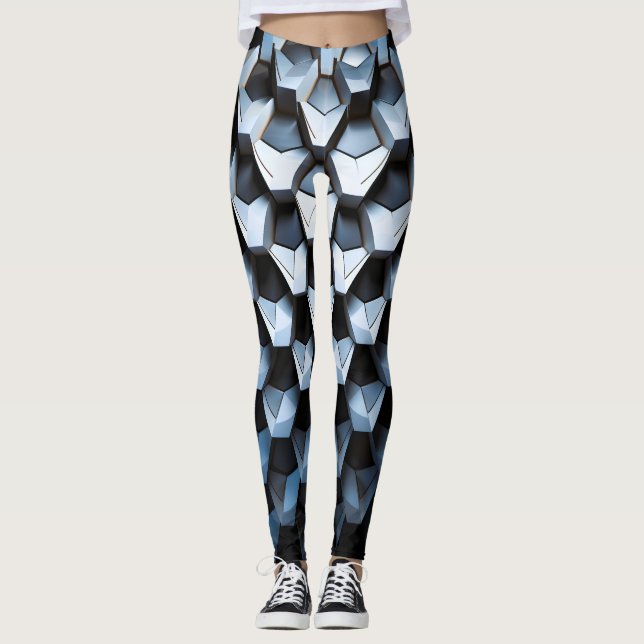 Futuristic Abstract Blue Geometric Metallic  Leggings (Front)