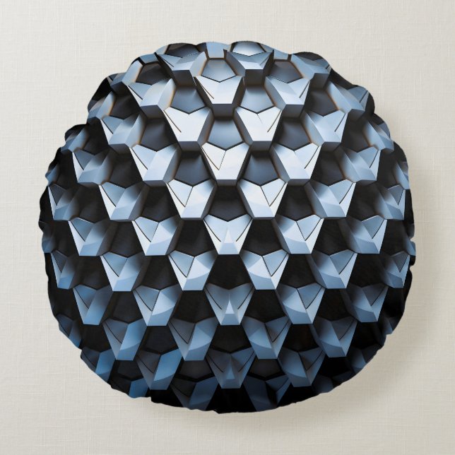 Futuristic Abstract Blue Geometric Metallic  Round Cushion (Front)